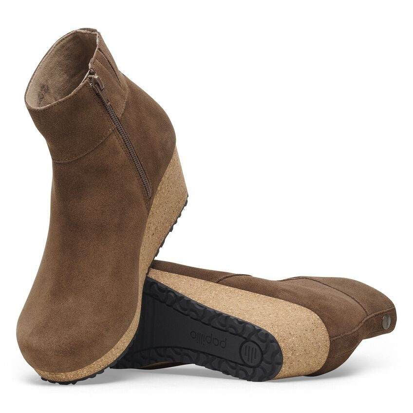 Birkenstock Papillio Ebba dark taupe suede wedge ankle boots with cork sole