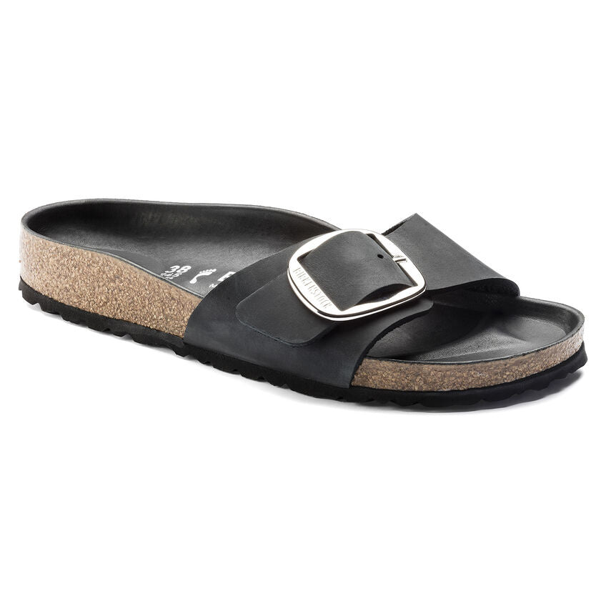 Birkenstock Madrid Big Buckle black oiled leather single-strap sandal with cork footbed