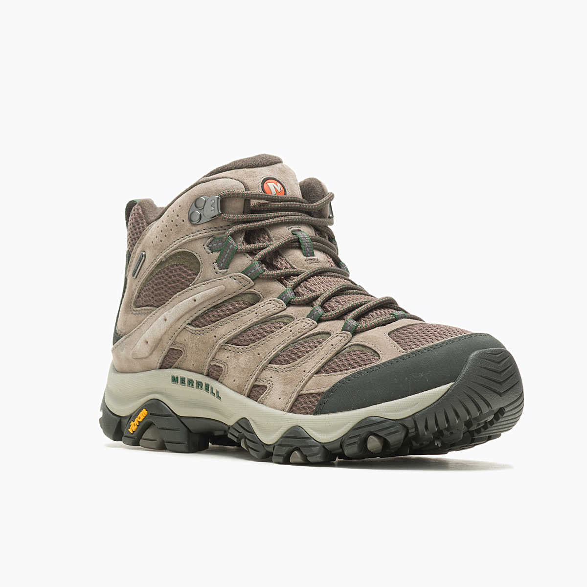 Merrell Moab 3 Mid WP men's hiking boot in olive and taupe suede with Vibram outsole