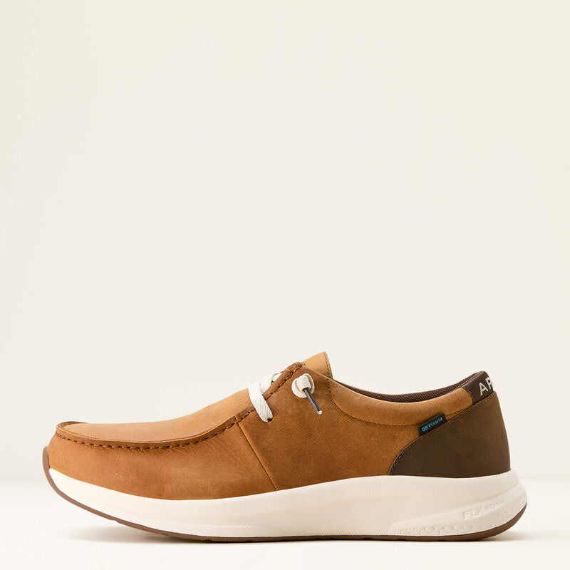 Ariat men's tan leather moc-toe shoe with white laces and white EVA sole