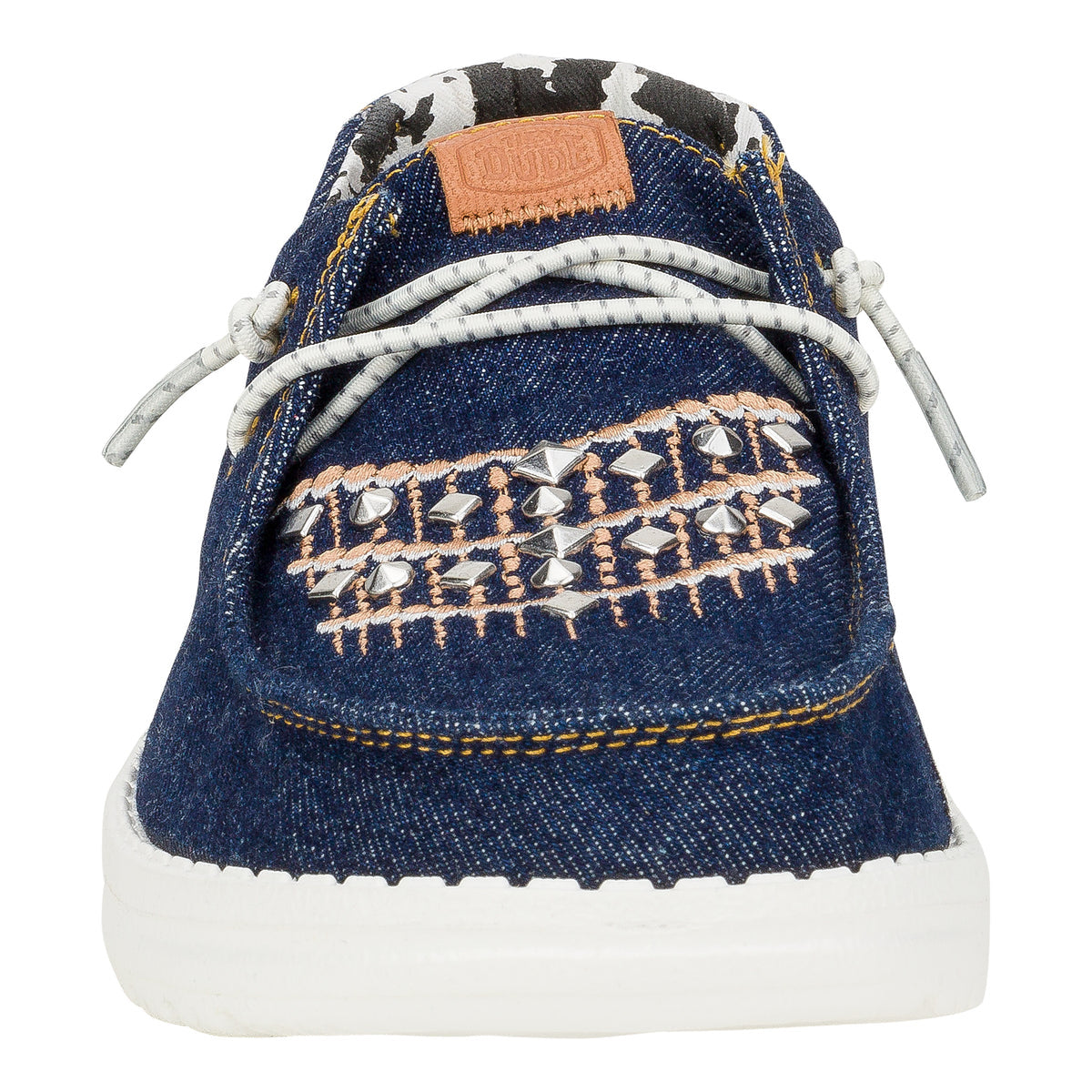 Hey Dude Wendy denim slip-on shoe with silver studs, embroidery, and elastic laces