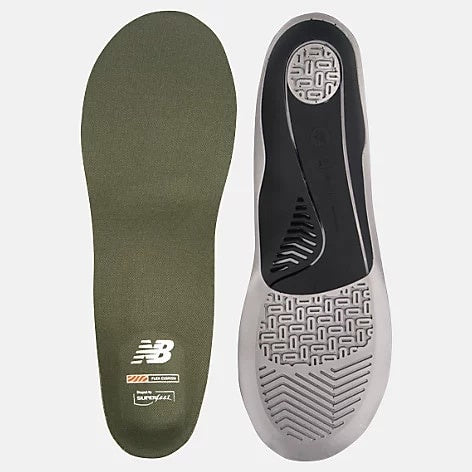 New Balance Flex Cushion Insoles shown top and bottom, olive green and gray