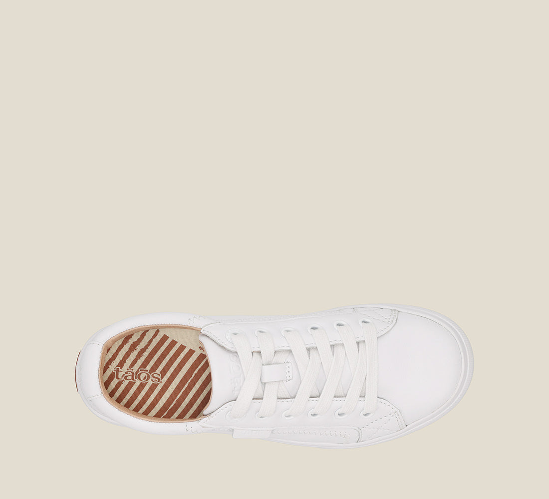 Taos Plim Soul Lux white leather sneaker top view with laces and striped insole