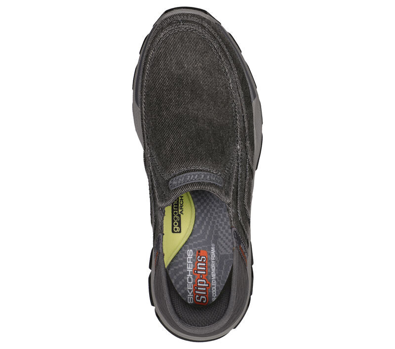 Skechers mens charcoal canvas slip-on shoe with memory foam insole top view
