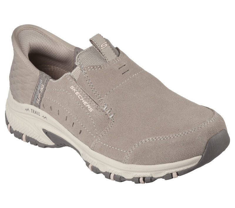 Skechers Women's dark taupe suede slip-in trail hiking shoe with rugged outsole