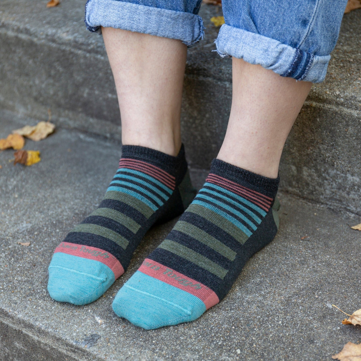 Darn Tough charcoal striped no-show socks with teal toe and pink accents
