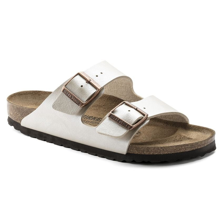 Birkenstock Arizona sandals in pearl white with two copper buckle straps