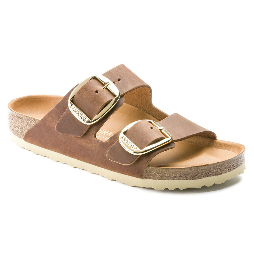 Birkenstock Arizona Big Buckle sandal in cognac oiled leather with gold buckles