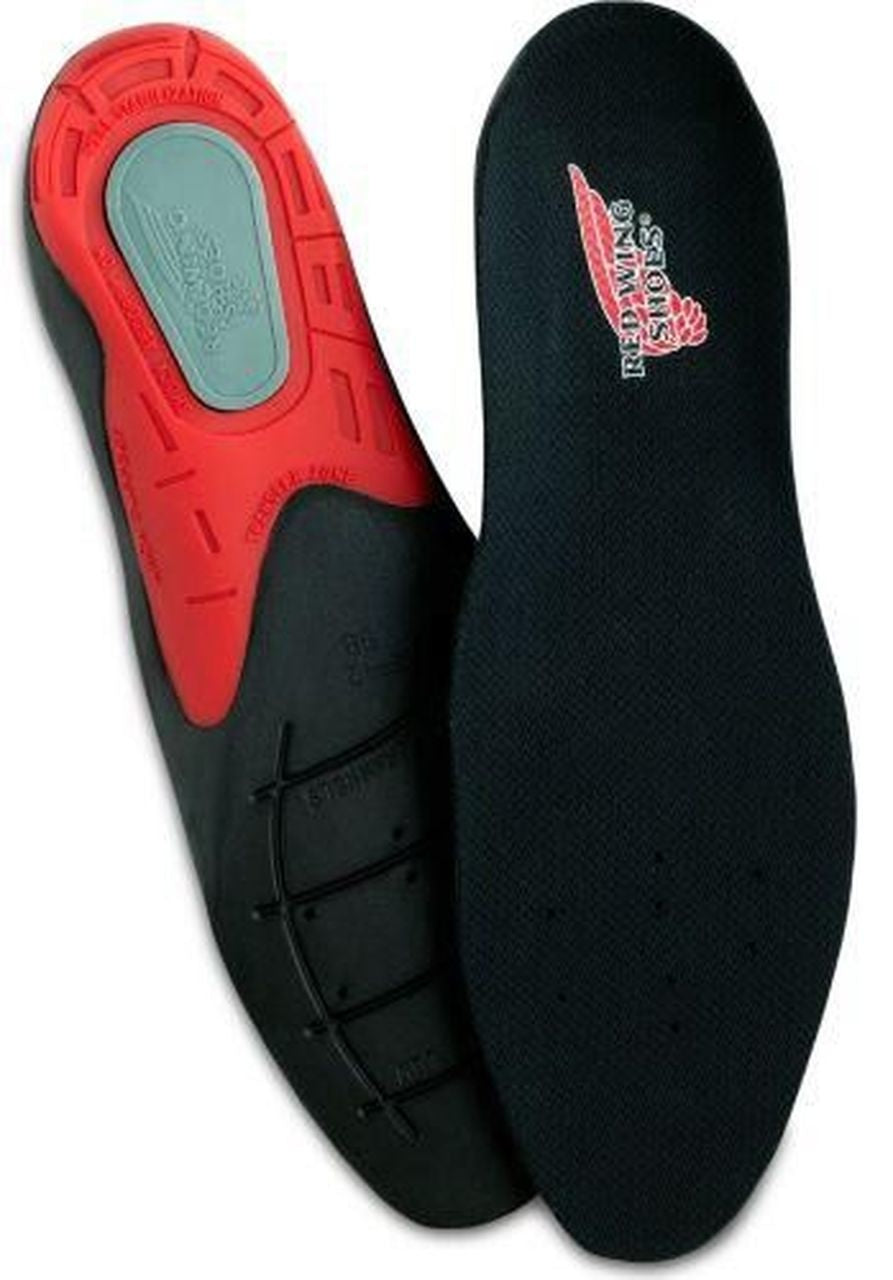 Red Wing Shoes RedBed insoles, black fabric top and red rubber bottom, pair shown