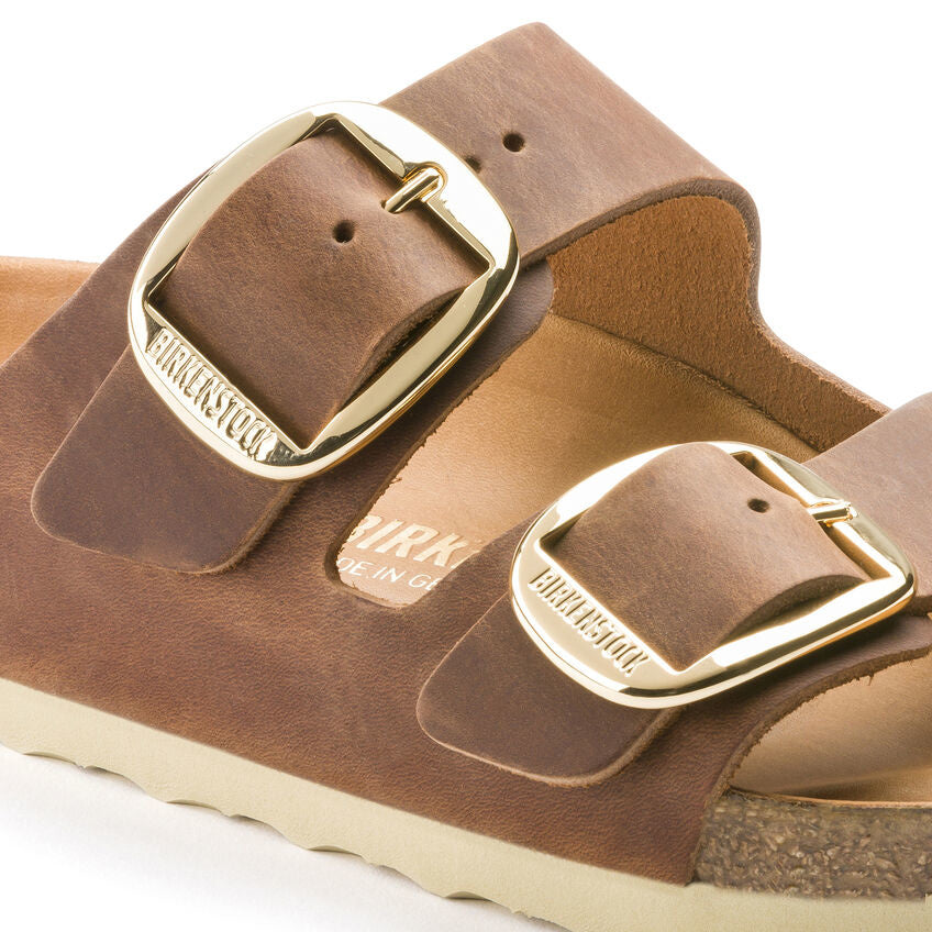 Birkenstock Arizona Big Buckle sandal in cognac oiled leather with gold buckles