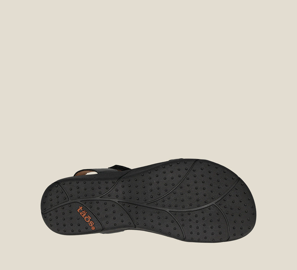 Bottom sole view of Taos Trophy 2 black sandal with grip dots