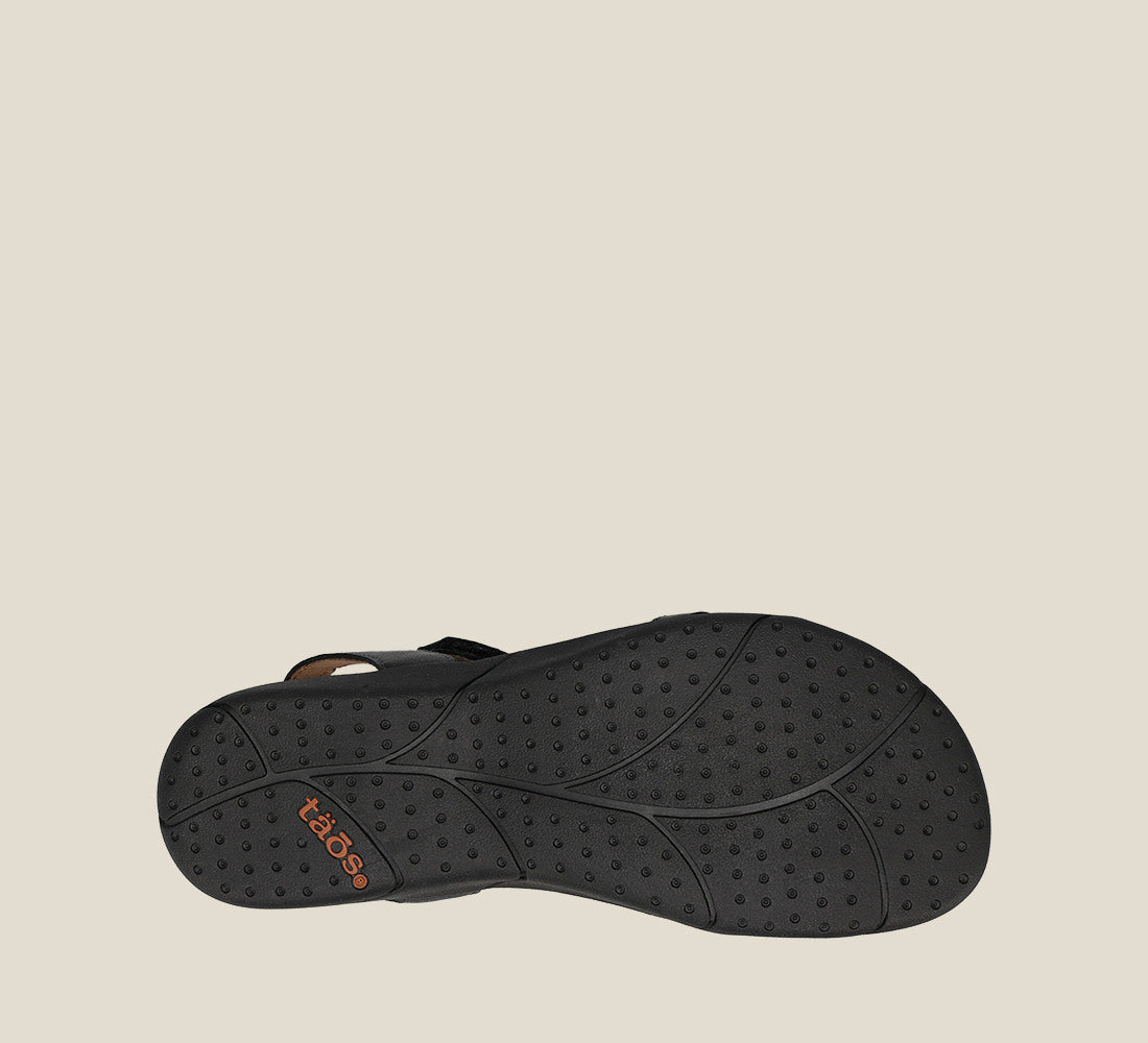 Bottom sole view of Taos Trophy 2 black sandal with grip dots