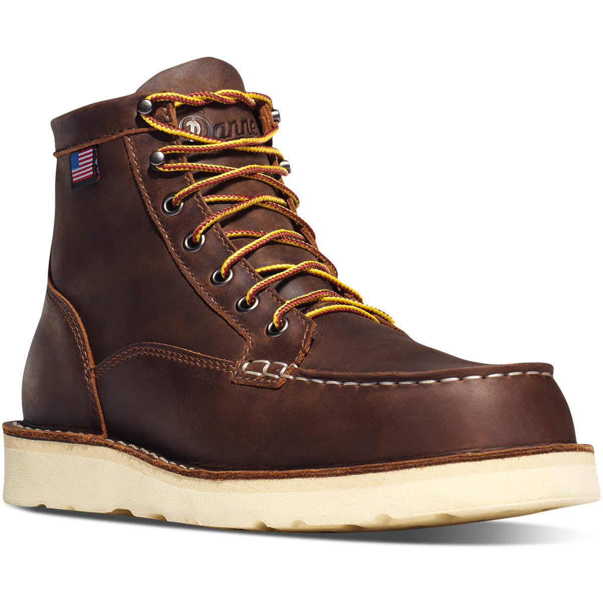 Danner Bull Run 6-inch brown oiled full-grain leather moc toe work boot with yellow laces