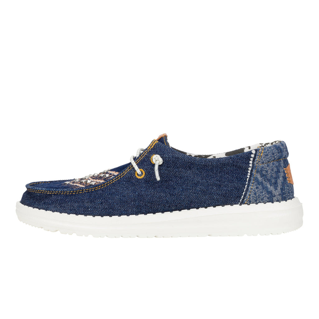 Hey Dude Womens Wendy slip-on casual shoe with denim fabric and white sole
