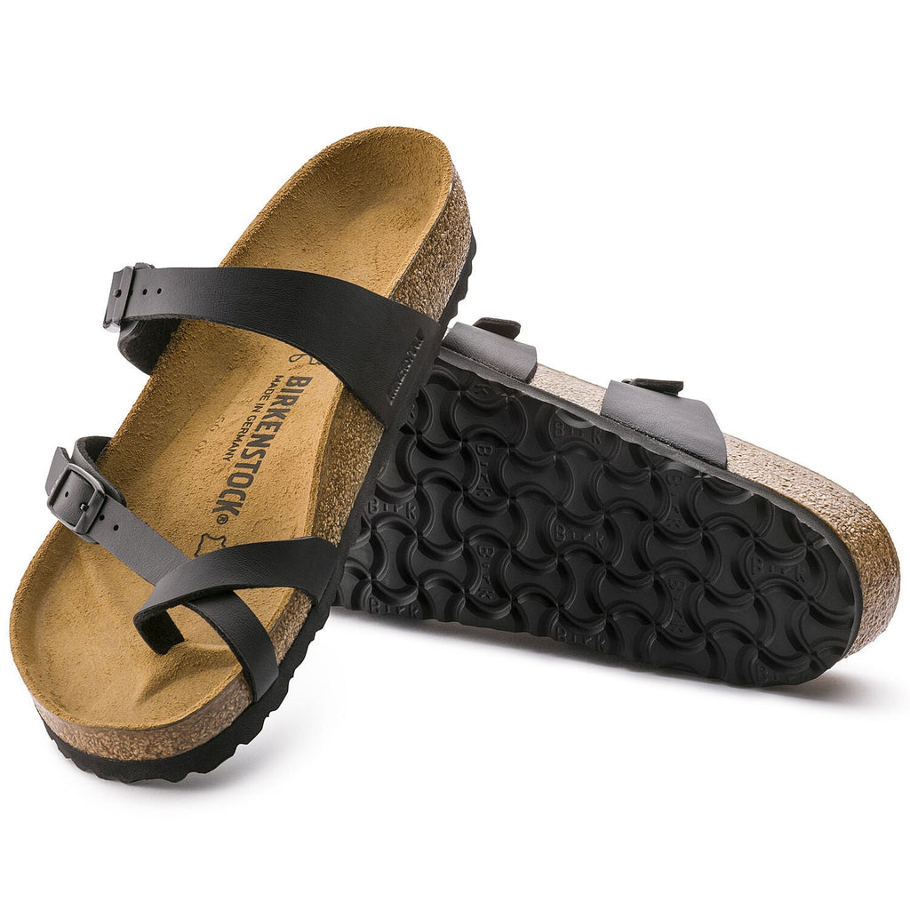 Birkenstock Mayari black sandals showing cork footbed and textured rubber outsole
