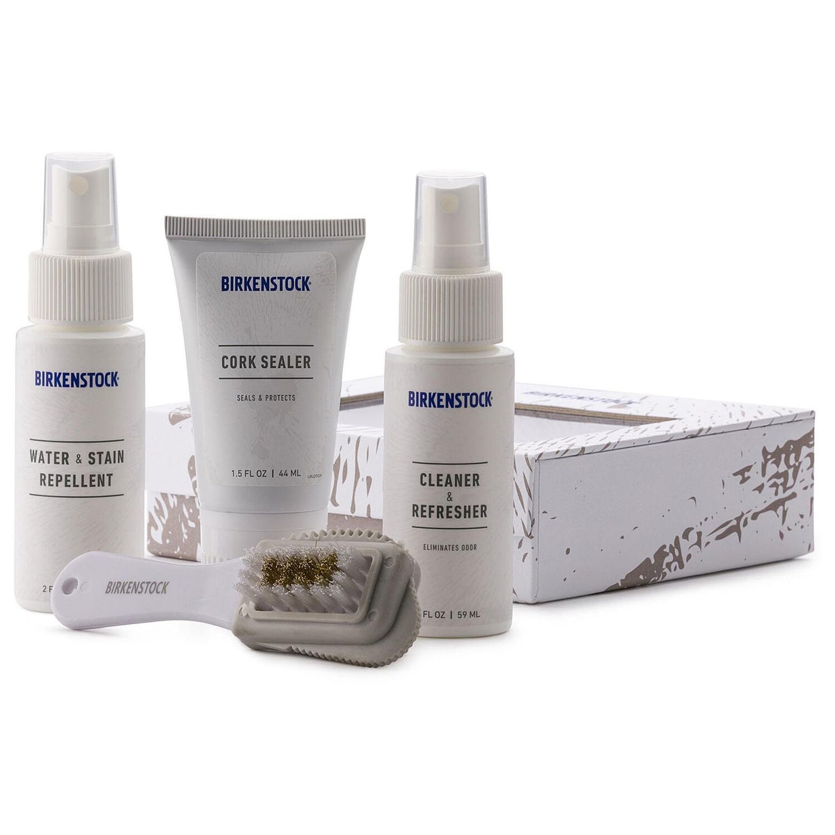Birkenstock Deluxe Shoe Care Kit with water repellent spray, cork sealer, cleaner, and brush