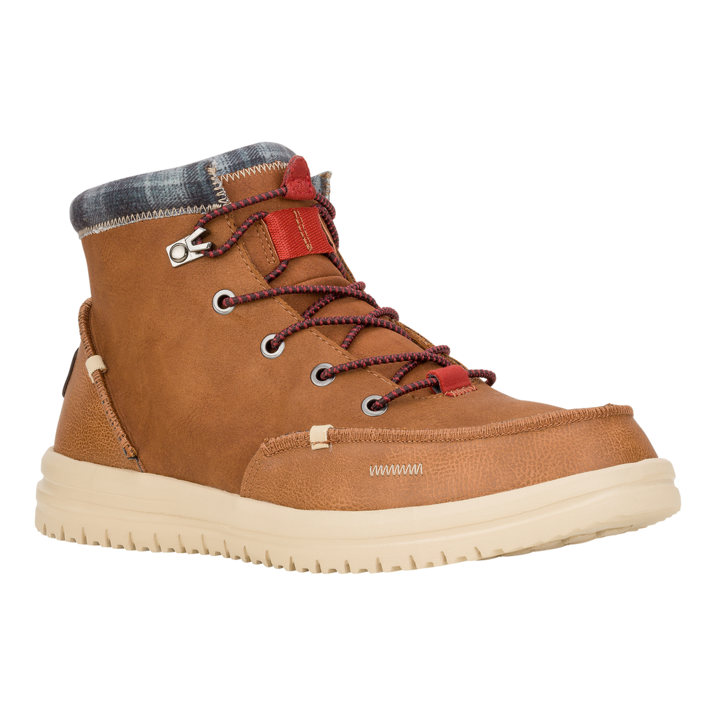 Hey Dude Men's Bradley Classic cognac brown leather lace-up boot with plaid collar