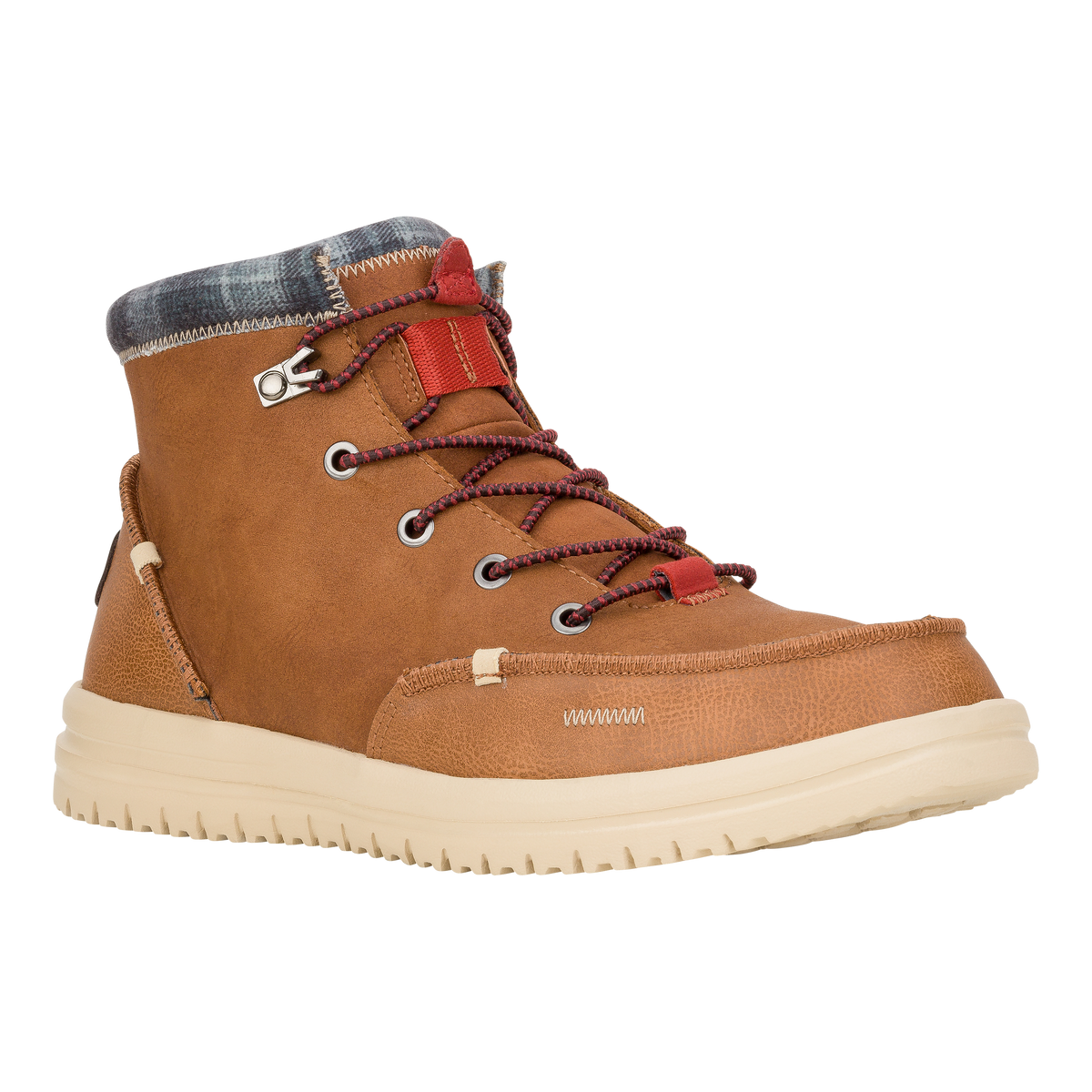 Hey Dude Men's Bradley Classic cognac brown leather lace-up boot with plaid collar
