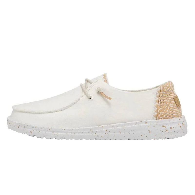 Hey Dude Wendy white canvas slip-on shoe with woven tan heel accent
