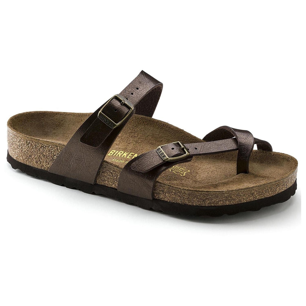 Birkenstock Mayari women's mocha brown leather sandal with toe loop and two buckle straps