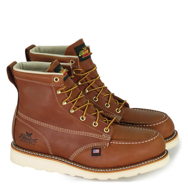 Thorogood mens moc toe steel toe work boots with wedge sole and lace-up design