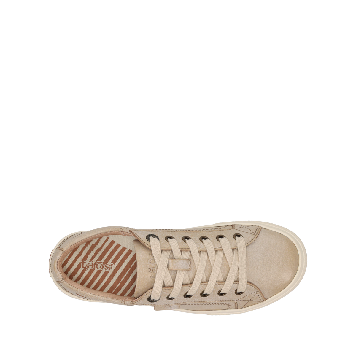 Taos Plim Soul Lux oyster beige lace-up sneaker, top view, striped insole