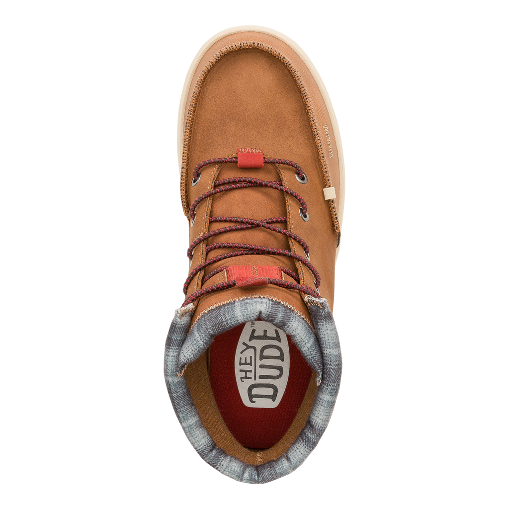 Hey Dude Bradley Classic men's cognac leather high-top boot with burgundy laces, top view
