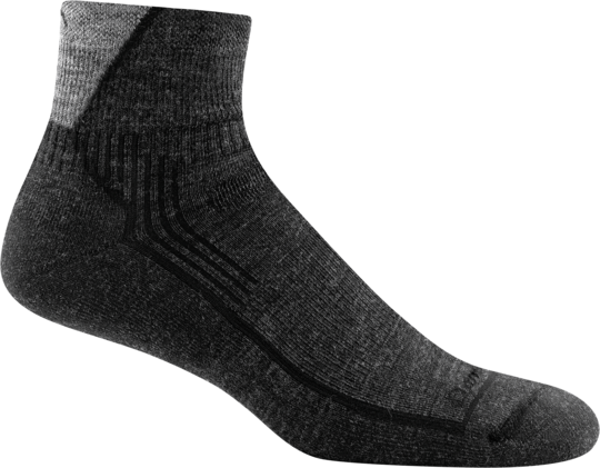Darn Tough men's black quarter-length cushioned hiking sock with gray cuff