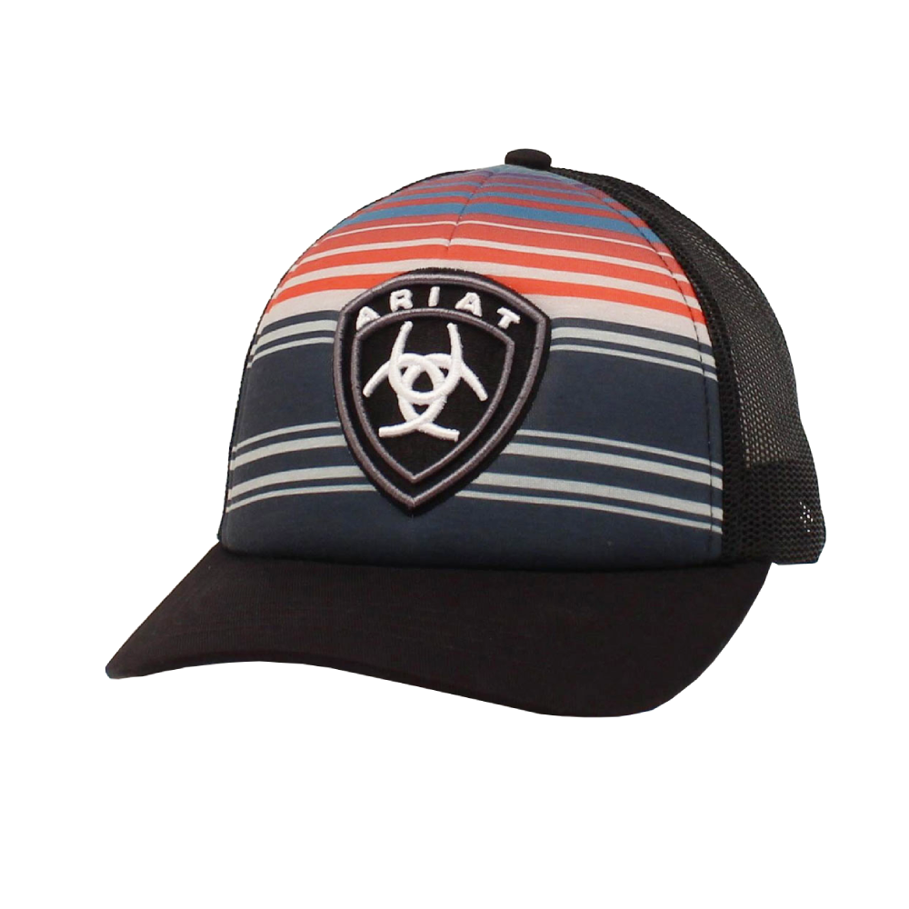 Ariat snapback trucker cap with serape stripes and embroidered shield logo