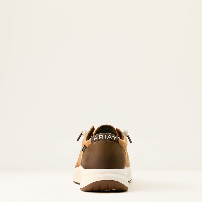 Ariat men's brown leather sneaker rear view with white sole and heel pull tab