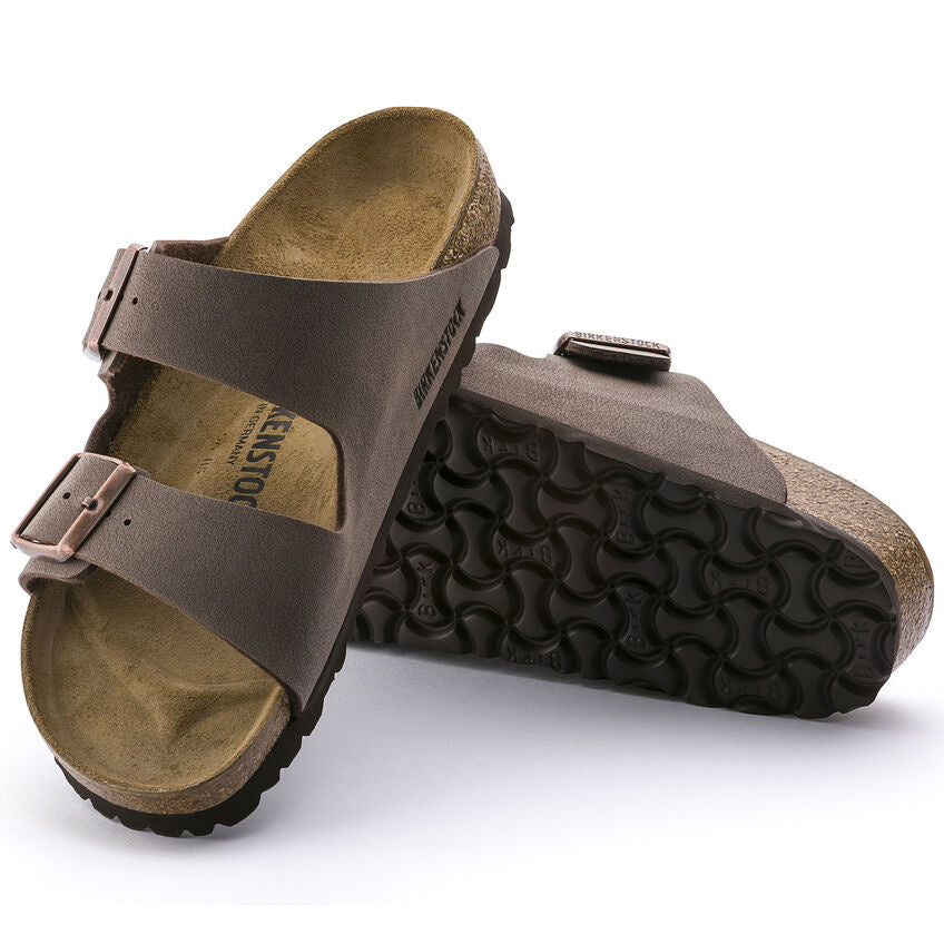 Birkenstock Arizona sandals in mocha with two adjustable buckle straps and cork footbed