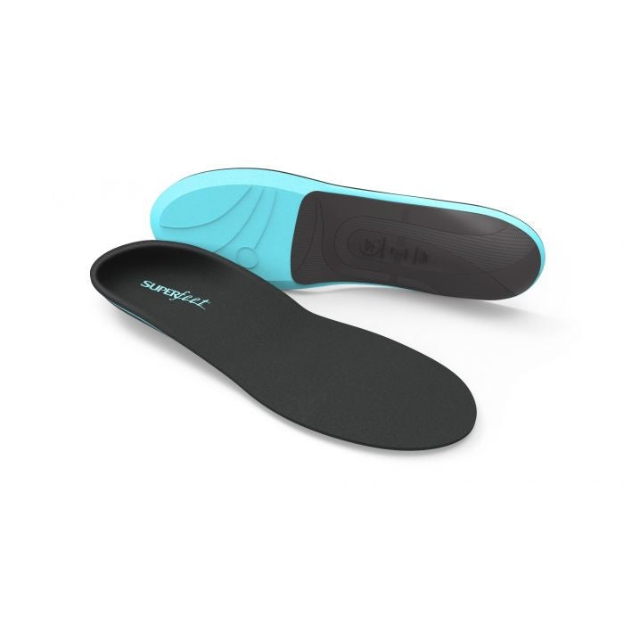 Superfeet black and teal everyday comfort shoe insoles, top and bottom views