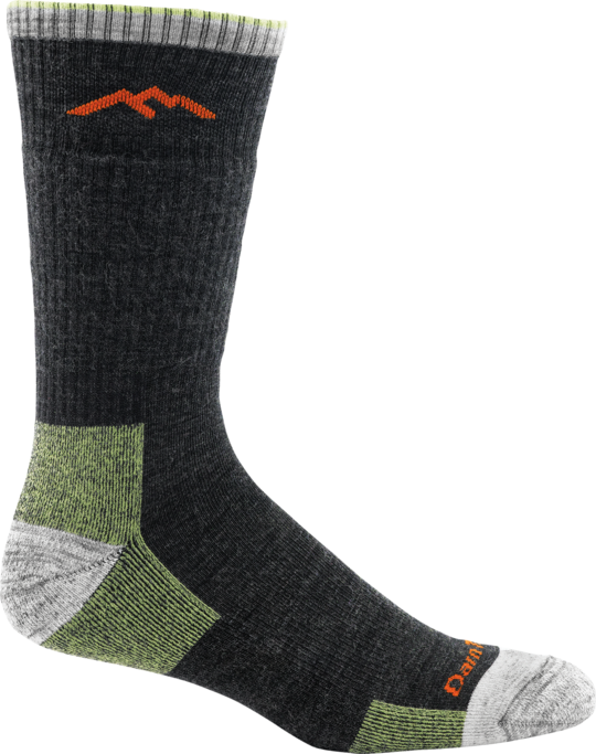 Darn Tough men's charcoal merino wool hiking boot sock with lime green heel and toe accents