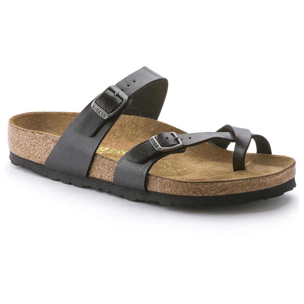 Birkenstock Mayari mocha brown leather toe-loop sandal with cork footbed and buckle straps