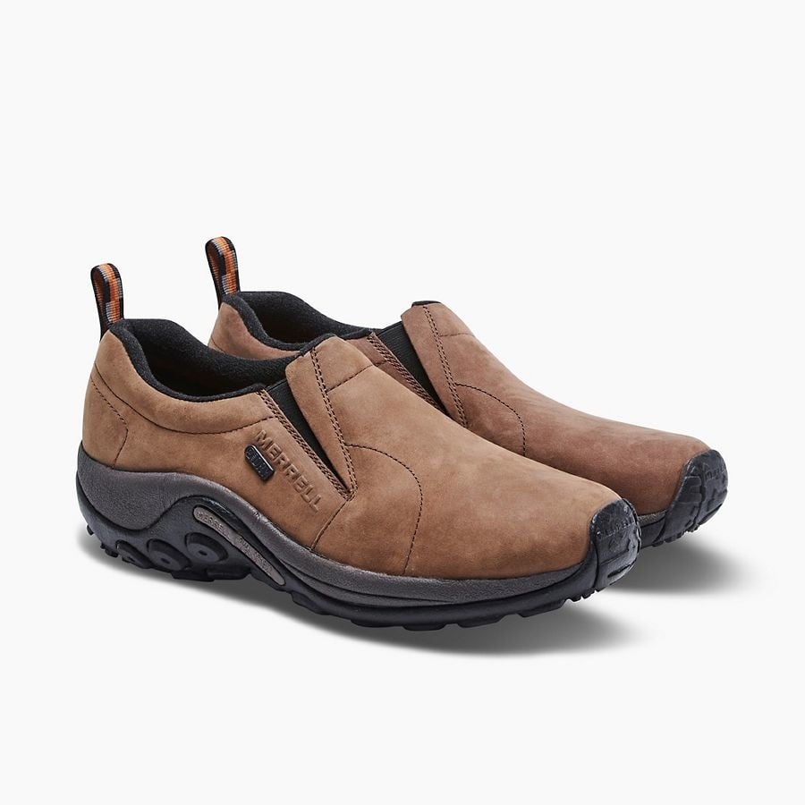 Merrell Men's Jungle Moc Nubuck Waterproof slip-on shoes with rugged outdoor sole, shown as a pair