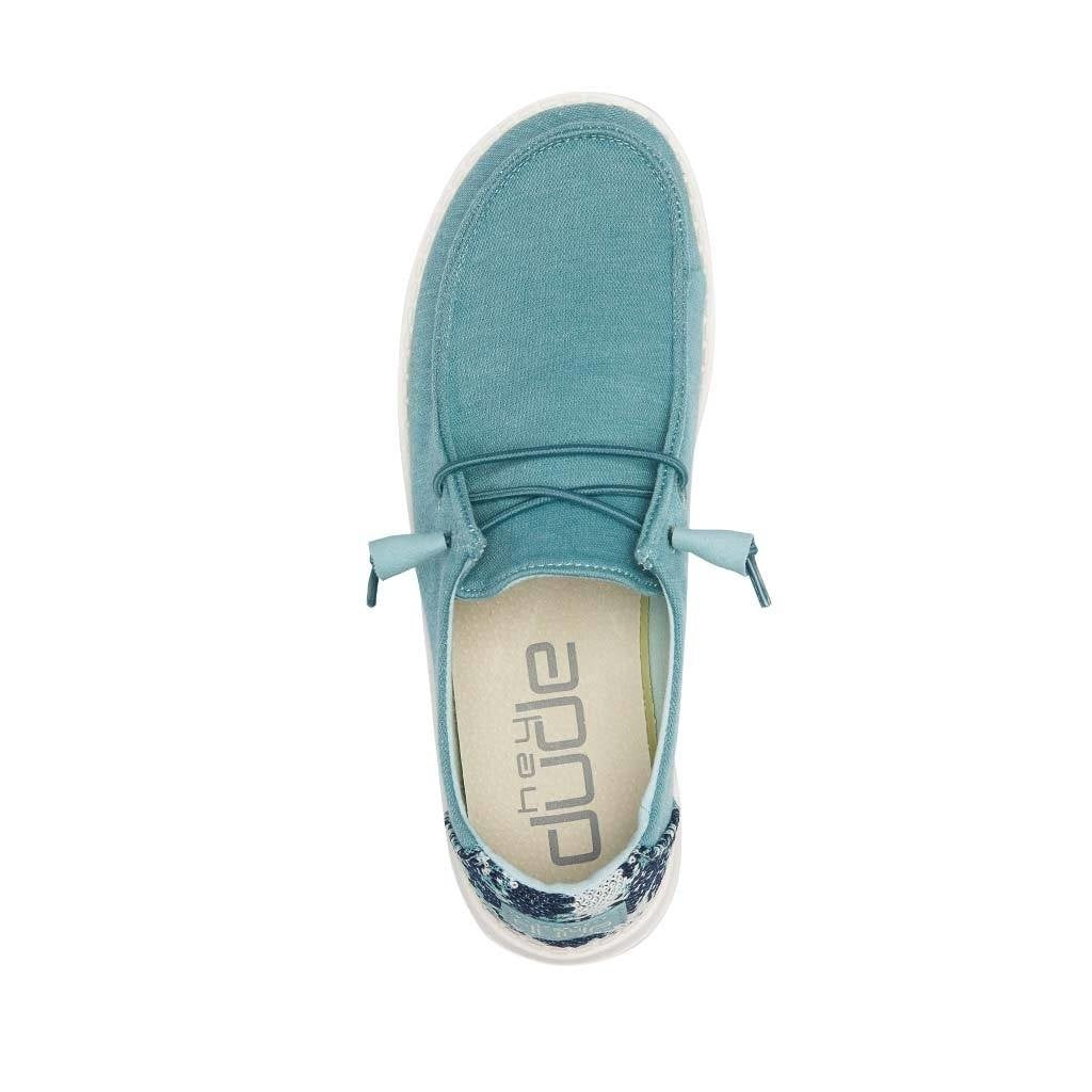 Hey Dude Wendy teal canvas slip-on shoe with elastic laces, top view