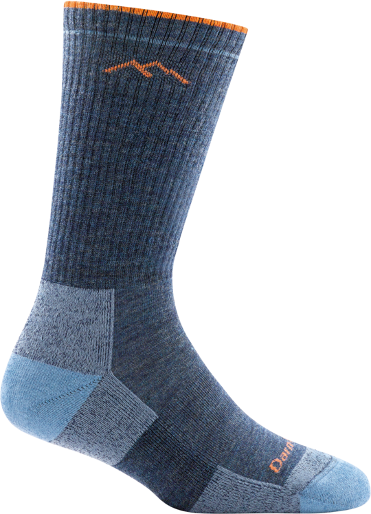 Darn Tough women's denim blue merino wool boot sock with orange accents