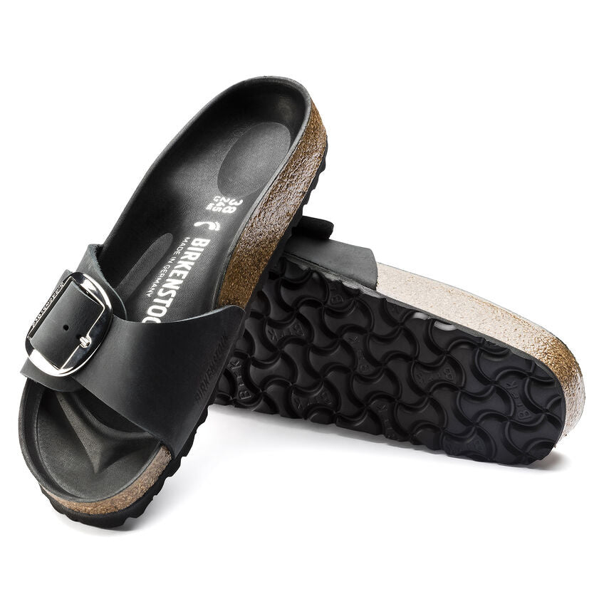Birkenstock Madrid Big Buckle black oiled leather sandals showing top and sole views