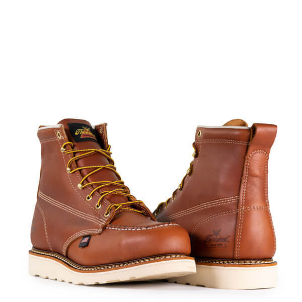 Thorogood Men's Moc Toe 6-inch Steel Toe work boots shown from front and back angles