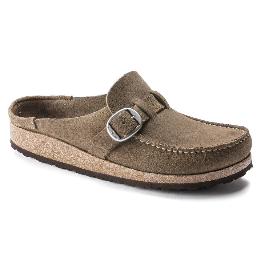 Birkenstock Buckley grey taupe suede clog with silver buckle and cork footbed