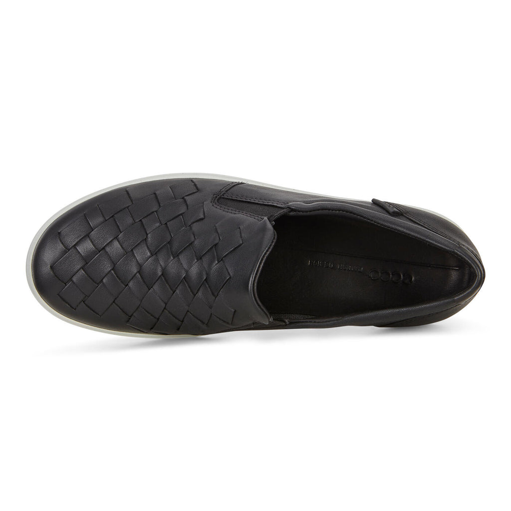 ECCO Women's Soft 7 Woven Slip-On sneaker featuring intricate leather weave pattern and white sole