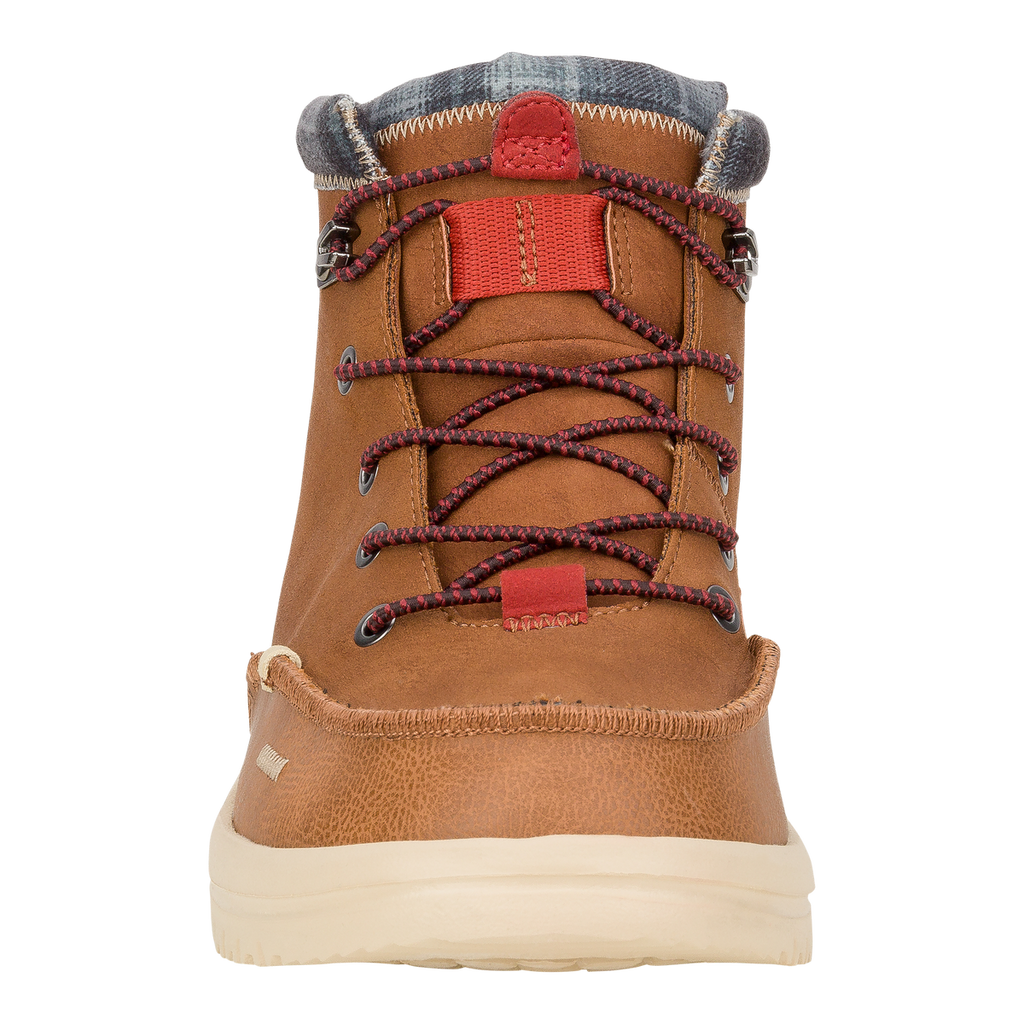 Hey Dude Bradley Classic men's cognac leather boot with red laces and plaid collar