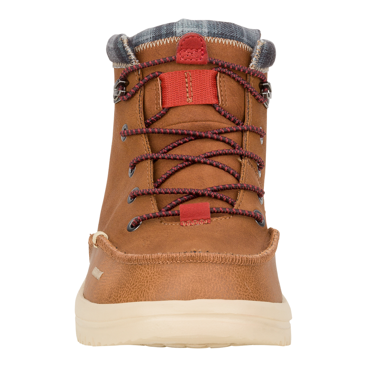 Hey Dude Bradley Classic men's cognac leather boot with red laces and plaid collar