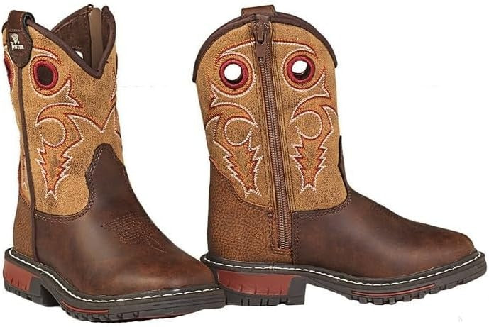 Twister Kids Flynn brown cowboy boots with tan embroidered shaft and side zipper