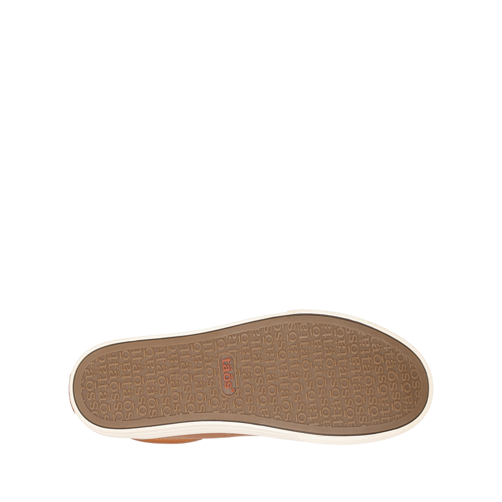 Taos Plim Soul Lux caramel shoe outsole with white midsole and brand logo pattern