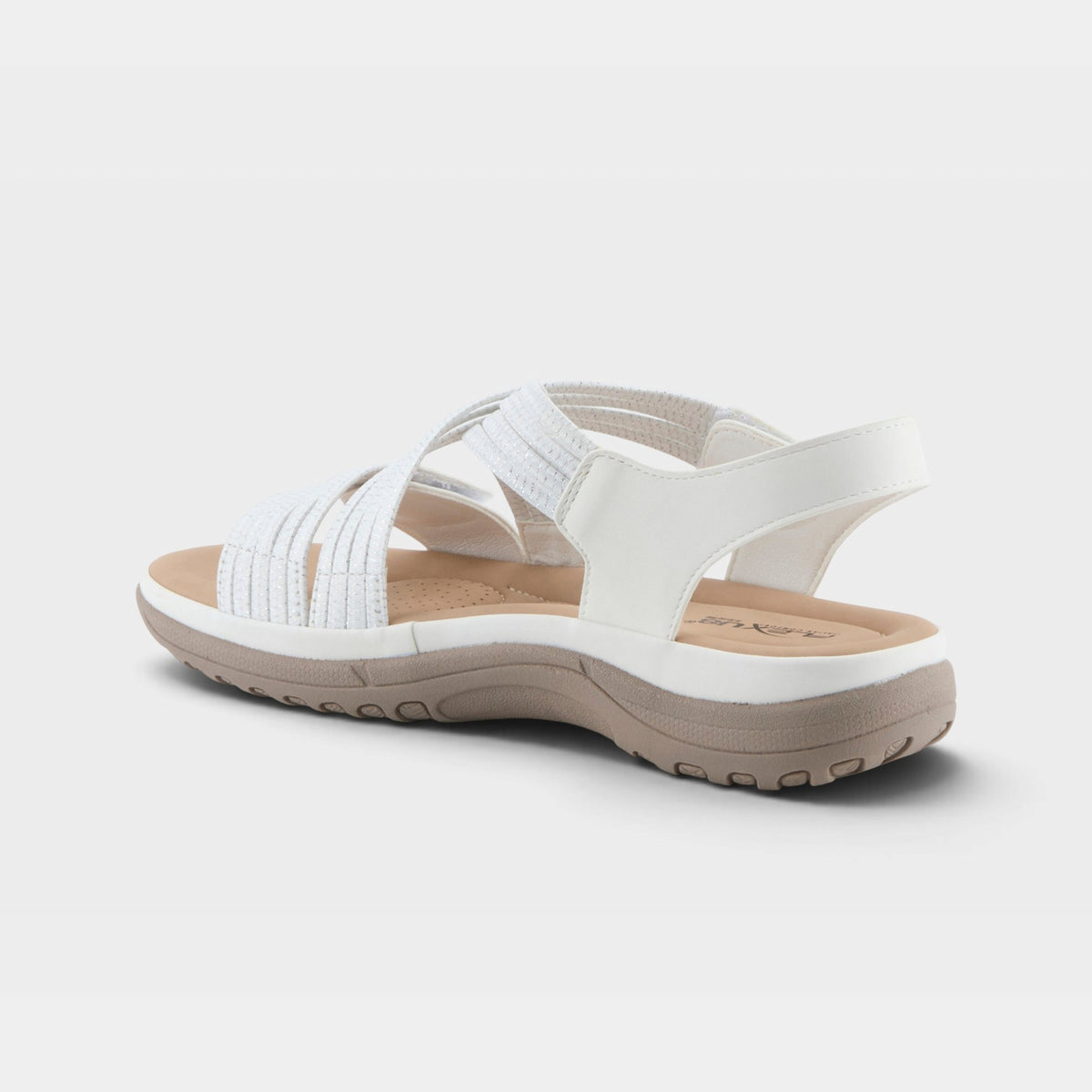 Flexus Crossbeam women's strappy sandal with velcro ankle strap, rear three-quarter view