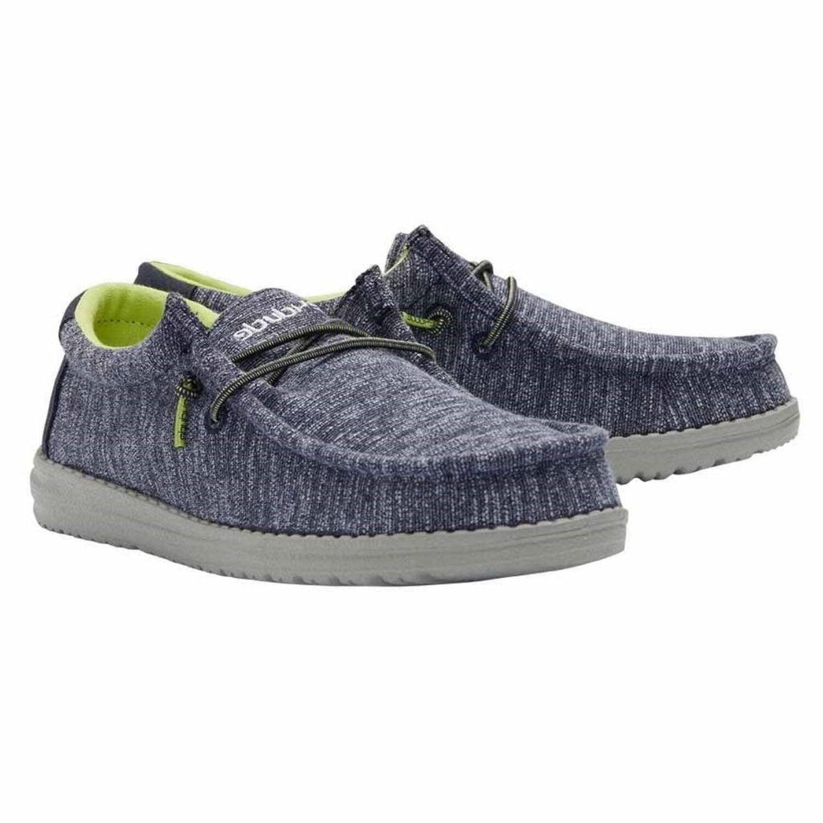 Hey Dude Boys Wally Stretch slip-on shoes with lime green laces and gray sole