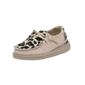 Toddler slip-on casual shoe with leopard print toe cap and cream canvas upper