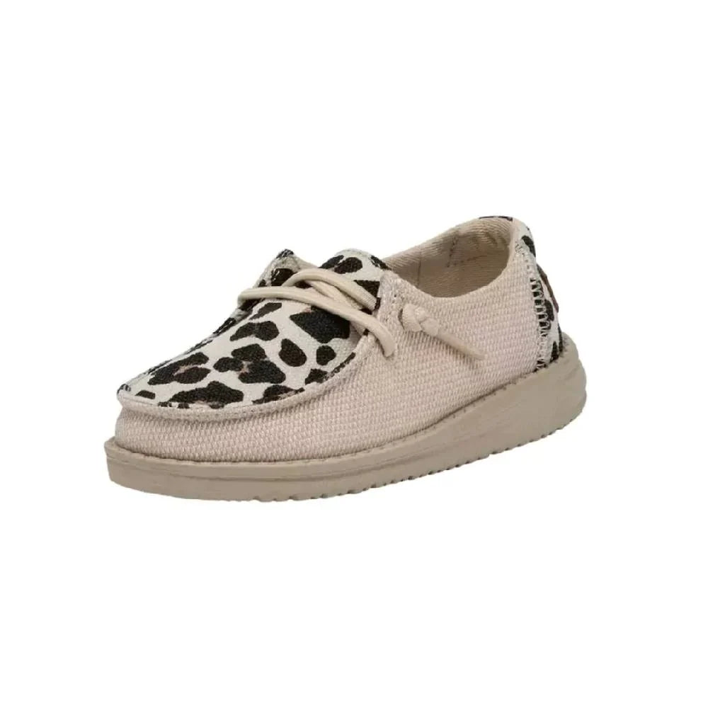 Toddler slip-on casual shoe with leopard print toe cap and cream canvas upper