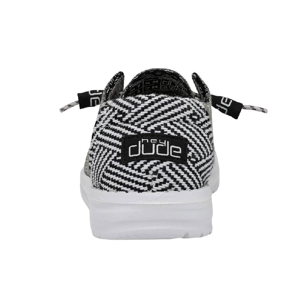 Hey Dude Wendy slip-on shoe rear view showing herringbone knit upper and logo patch